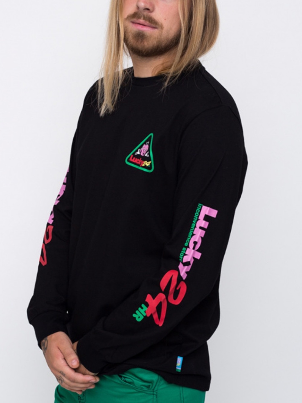 Lazy Oaf Lucky 24 Black Long Sleeve Tee with Pink & Green Graphics
